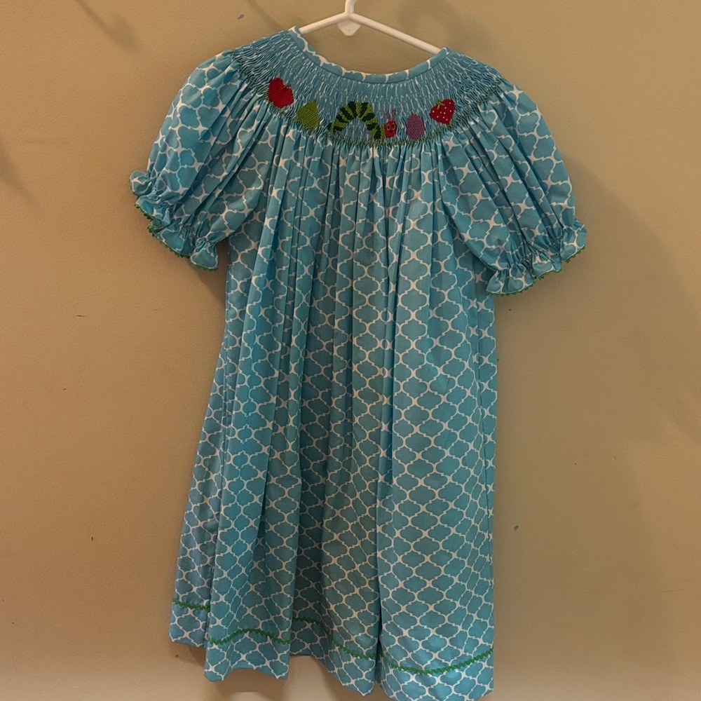 Blue Smocked Hungry Caterpillar dress